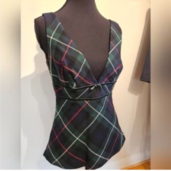 J. Crew Tops - Vintage J. Crew Tartan Wool Green and Blue Plaid V-Neck Blouse Top
